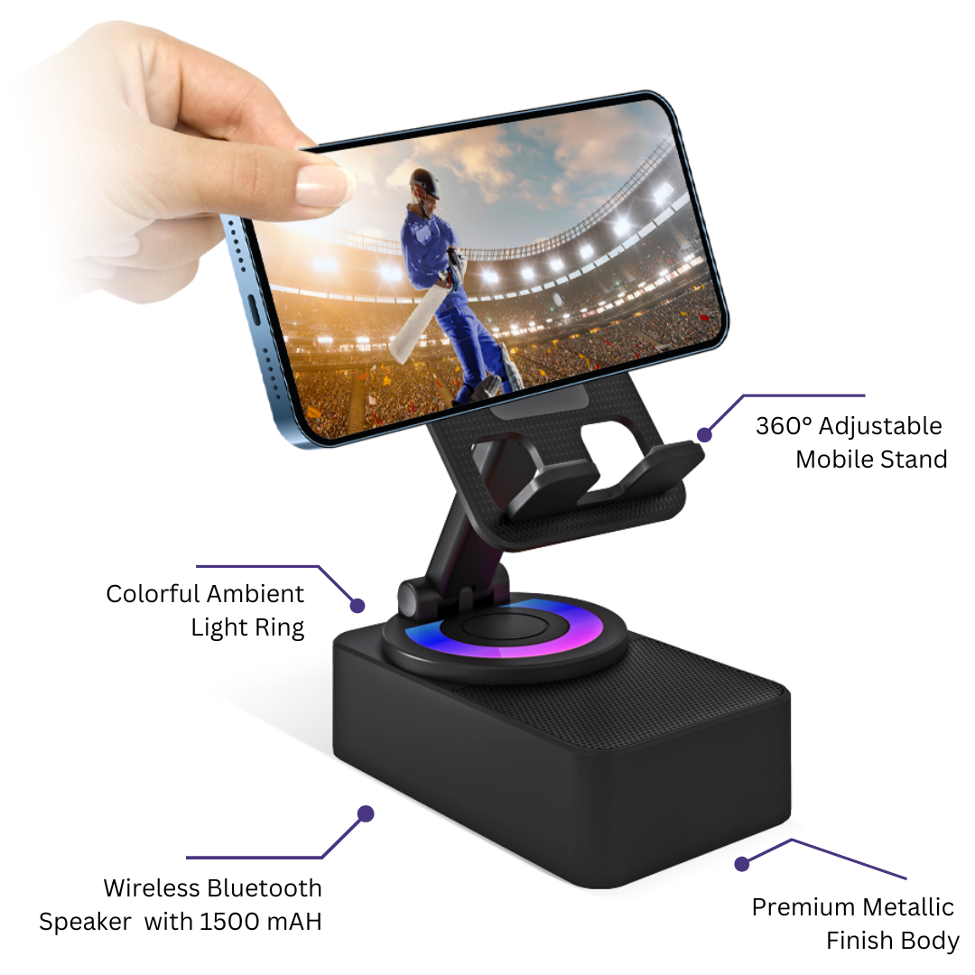 Premium 360° Smart Rotating Mobile Stand with 1500 mAH Wireless Bluetooth Speaker & Ambient RGB Led Light